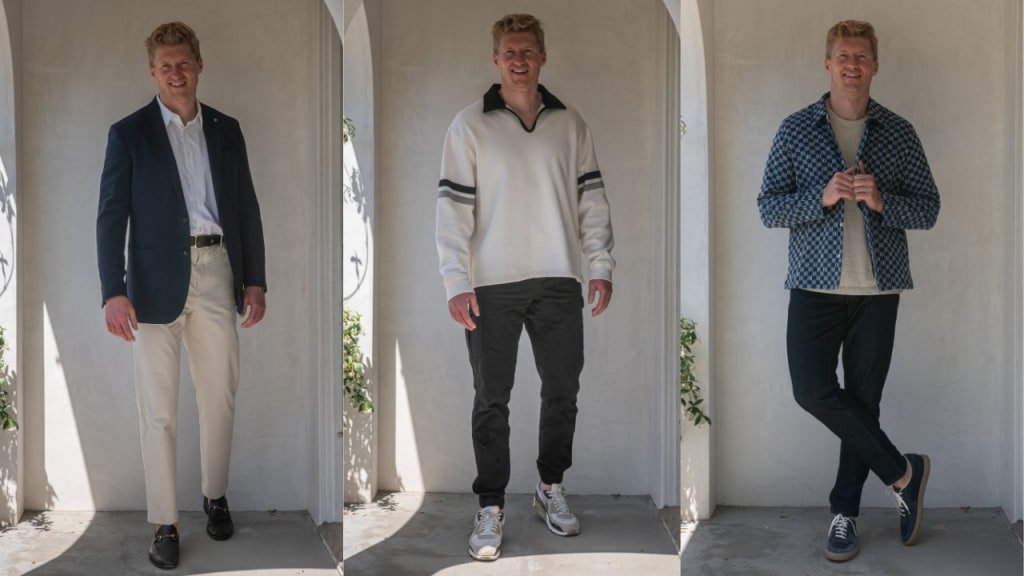 A man stands in three different outfits: a navy blazer with khakis, a white pullover with black pants, and a patterned jacket with dark pants, all in a well-lit outdoor setting.